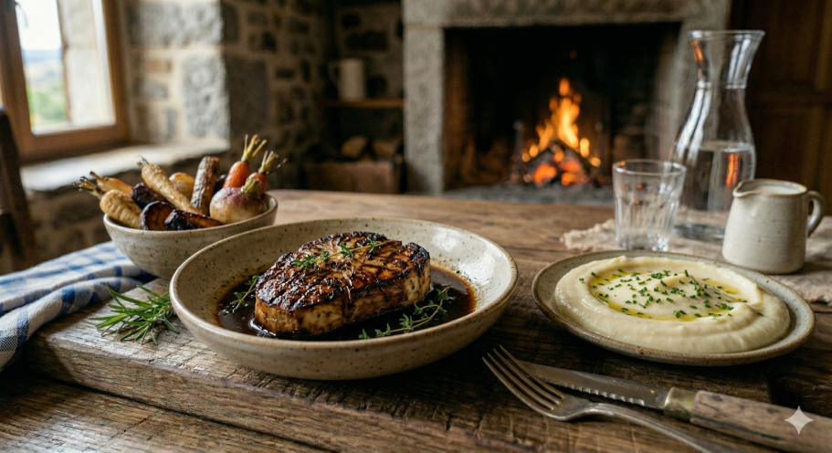 Steak de céleri-rave et son jus réduit Purée de pommes de terre et topinambours
