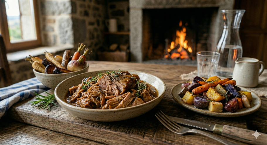 Effiloché de porc et ses légumes d'antan rôtis au four