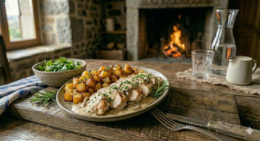 Escalopes de dindes à la crème et ses pommes de terres rissolées