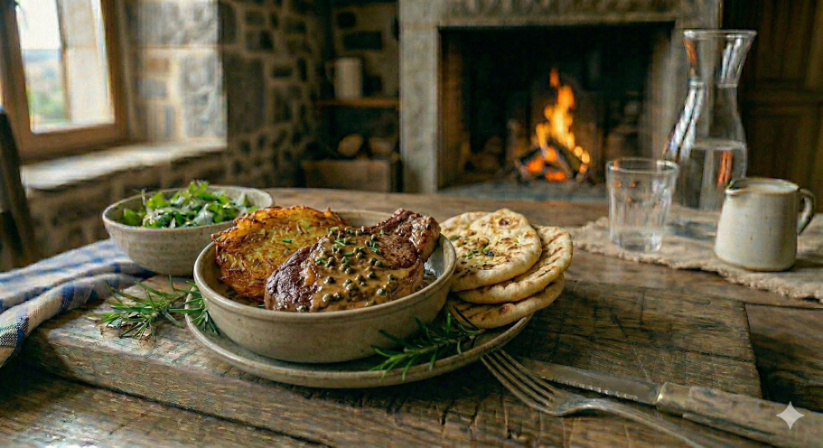 Entrecôte de bœuf sauce aux poivres, et sa pomme paillasson